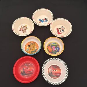 7 vtg bowls: 3 Kelloggs 6.5” bowls, 2 Cars; 1 The Backyardigans, 1 Scooby (mlb)